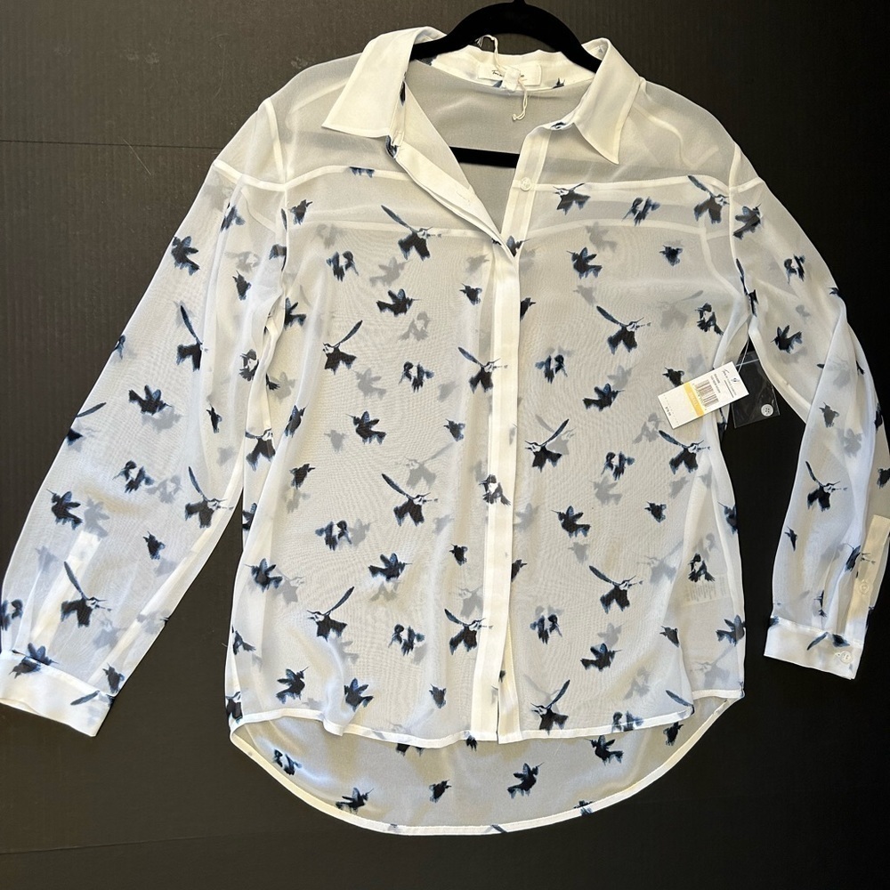 Two by Vince Camuto sheer long sleeve bird‎ print button down shirt. Sz-S NWT Z5 - Picture 4 of 11